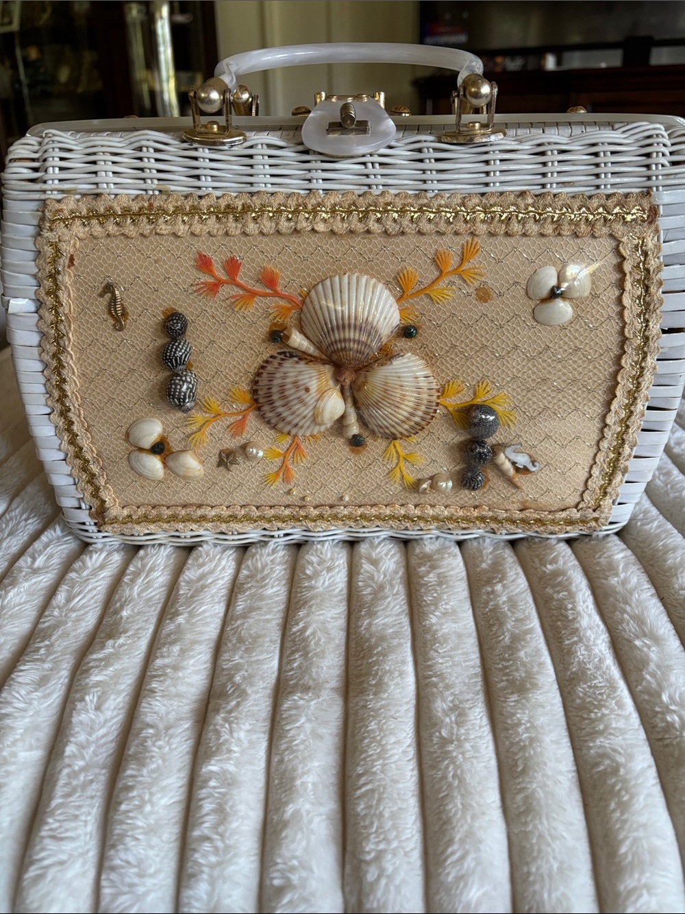 White Wicker Shell-Embellished Handbag Atlas Hollywood, Florida iconic 1950s